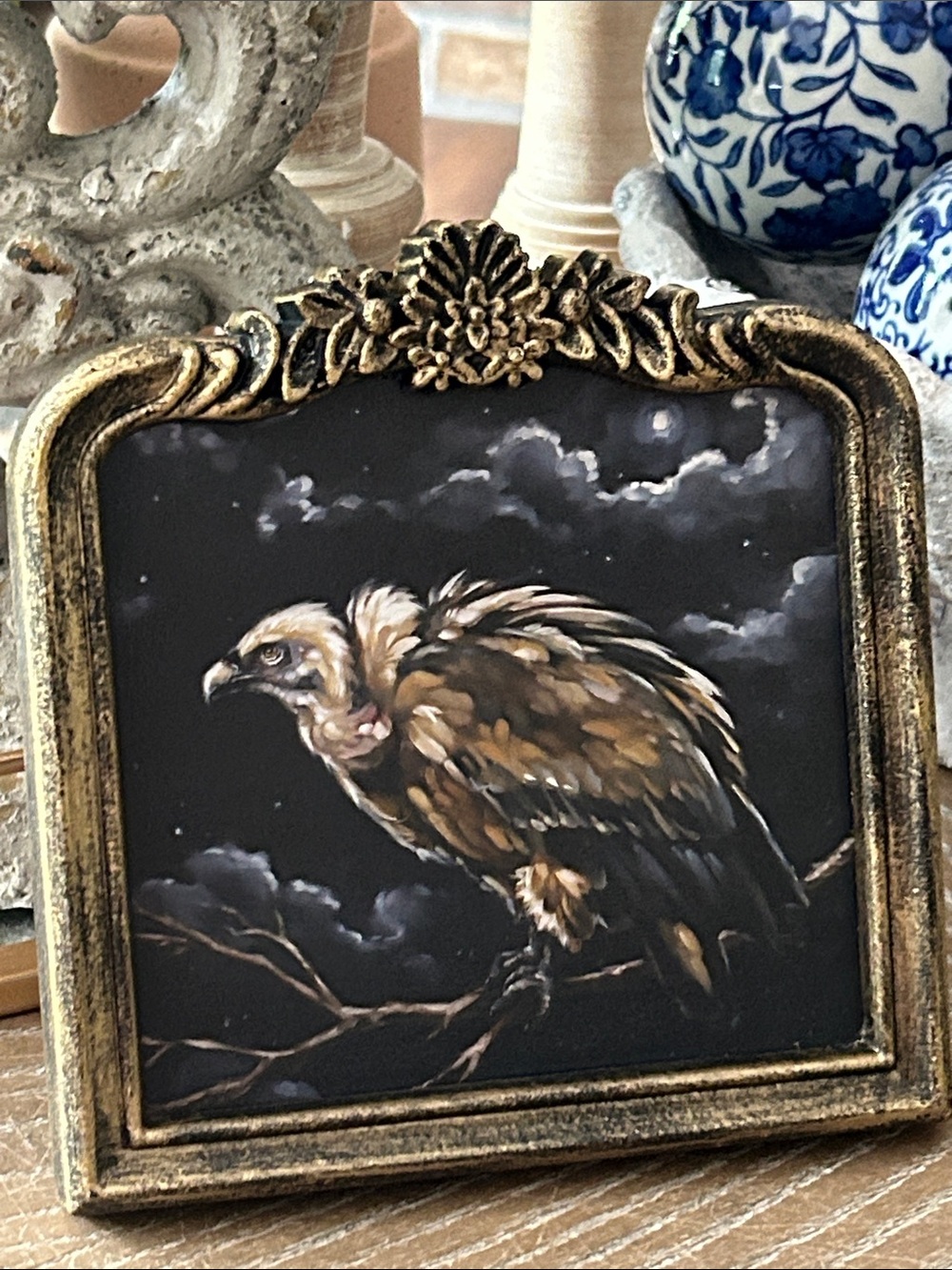NEW! Vintage Inspired Halloween Gothic Vulture Art Plaque Ornate Gold Frame